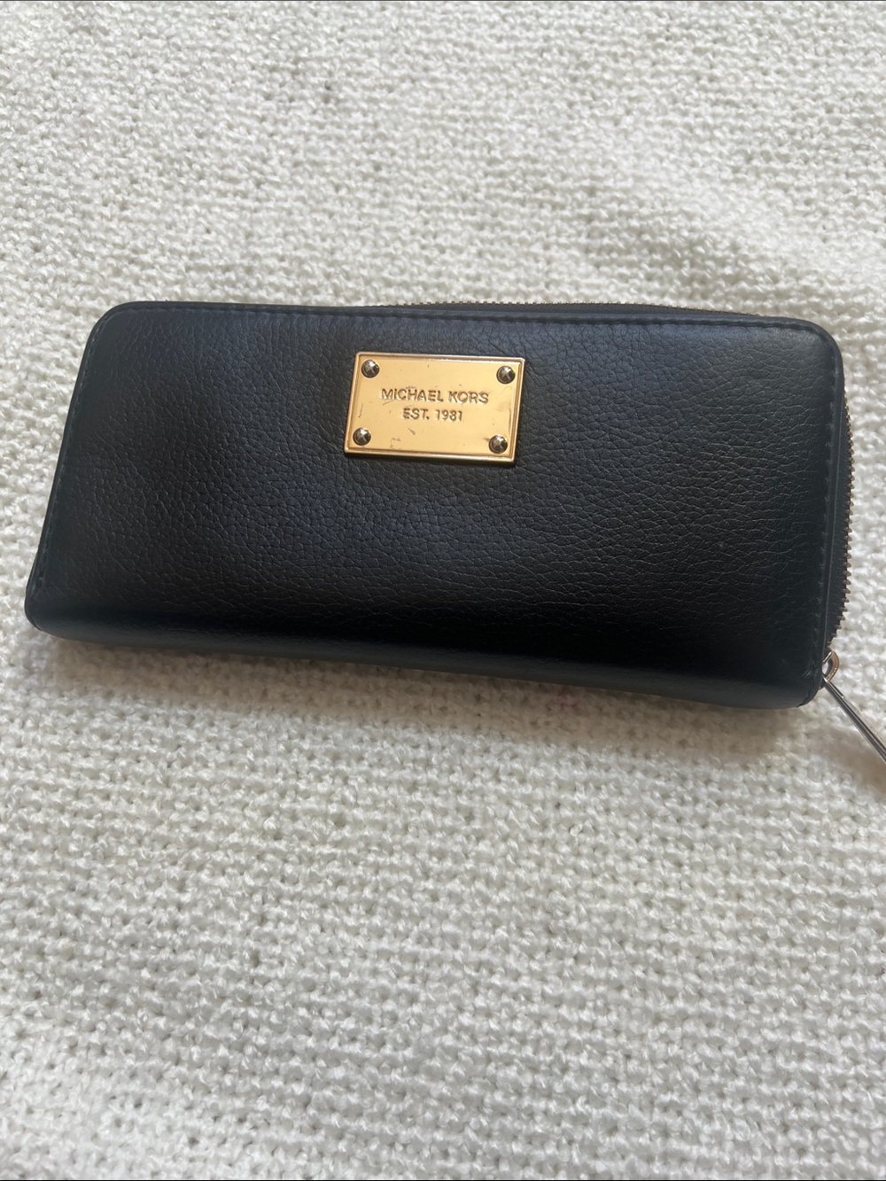 Michael Kors Black Leather Zip-Around Wallet with Gold Plaque